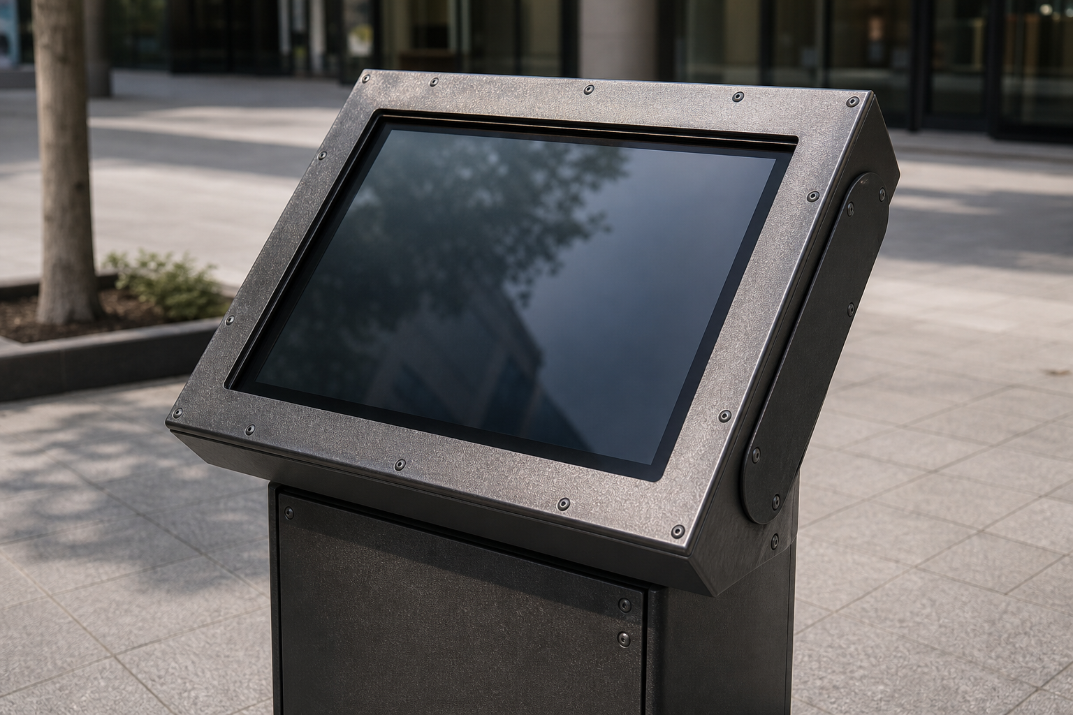 Rugged outdoor touchscreen kiosk in real public sidewalk environment
